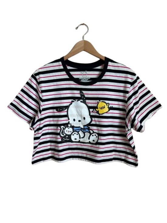 Sanrio Tops - Sanrio Pochacco Striped Graphic Crop Tee Top Black Pink White Kawaii Size XL